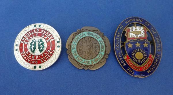 Selly Oak Hospital Enrolled Nurse Trining School/SEN/RCN trio of Nurses badges