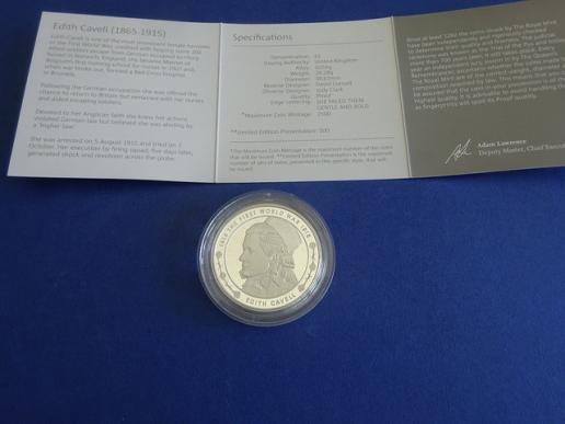 Silver Proof 2015 £5 Commemorative Coin,Edith Cavell