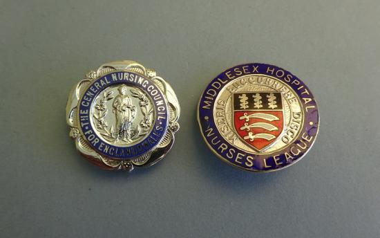 The Middlesex Hospital Nurses League, silver nurses badge & GNC pair.