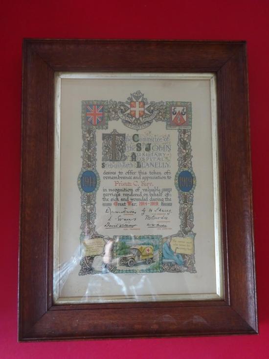St John Auxiliary Hospital Stebonheath Llanelly,First World War framed Remembrance scroll