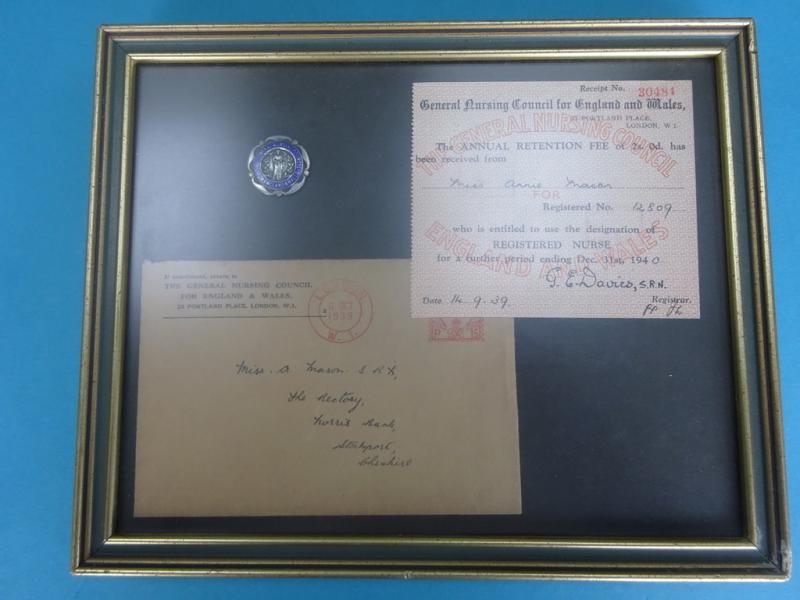 Framed General Nursing Council For England and Wales,silver badge and receipt document