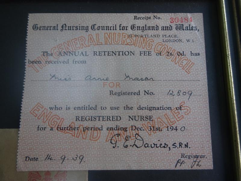 Framed General Nursing Council For England and Wales,silver badge and receipt document